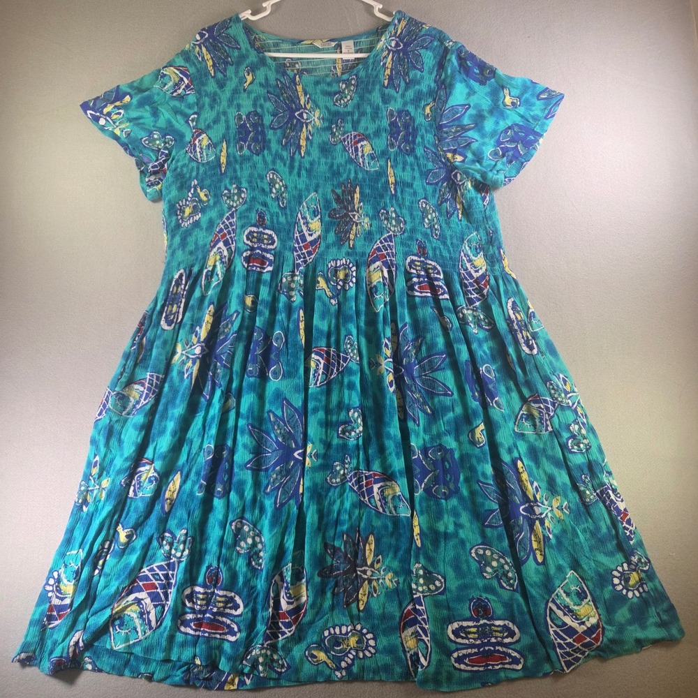 Kaktus Teal Tropical Fish Tie Dye Smocked Dress Womens 2X Colorful Beachy Summer
